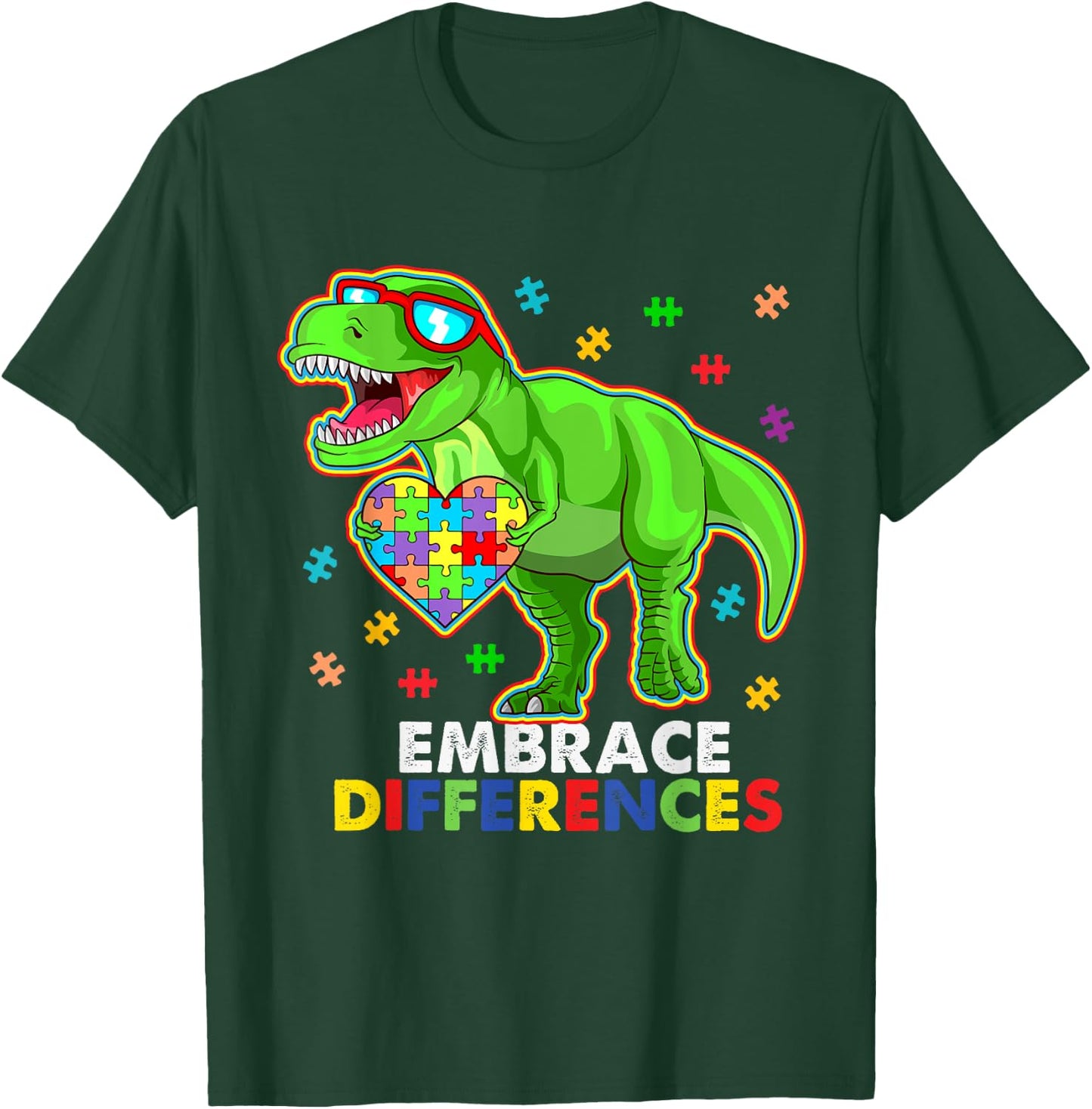 Embrace Differences- Autism Awareness Dinosaur Puzzle Piece T-Shirt - T-Shirt | Forest