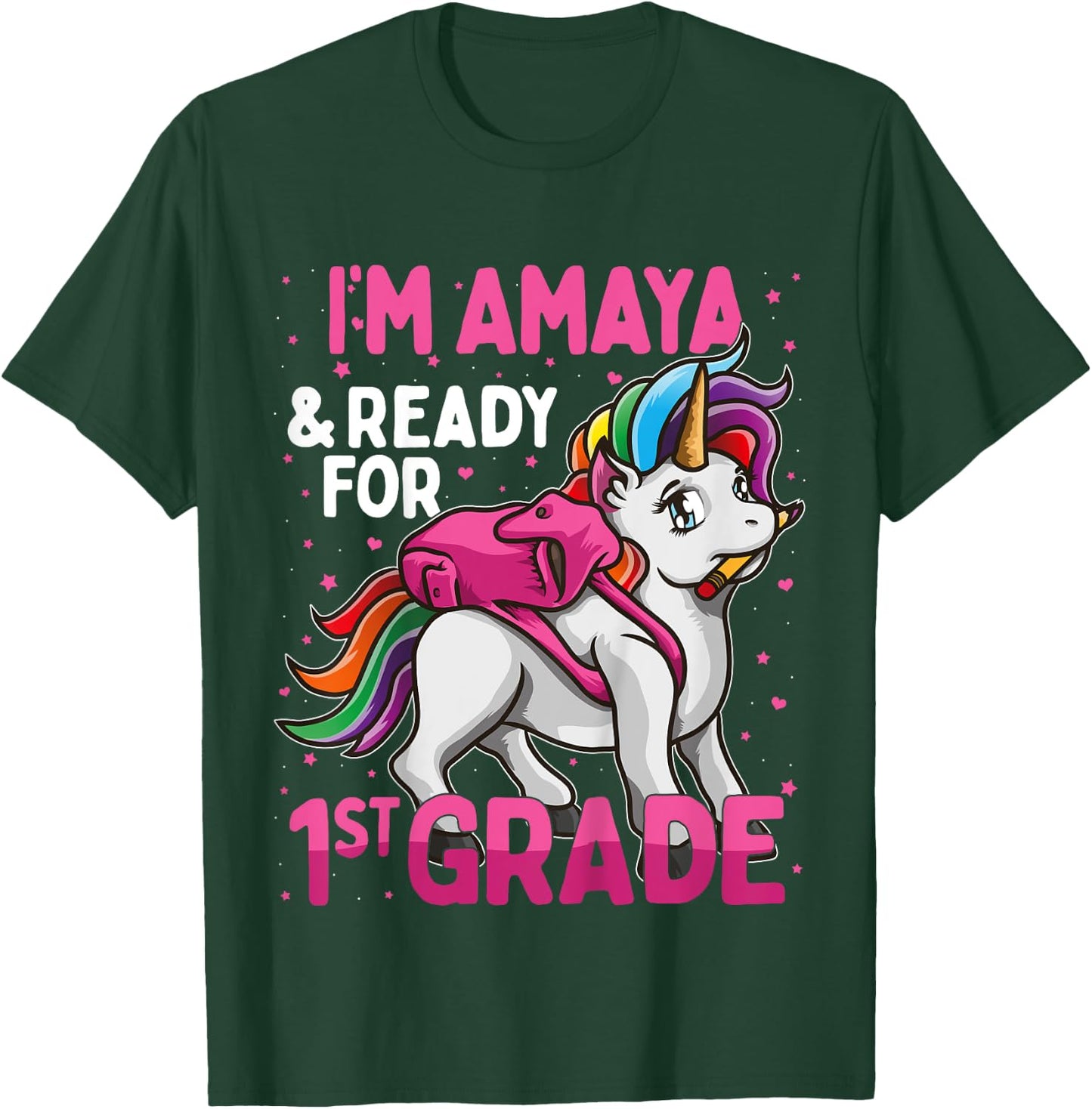 Kids 1st Grader Unicorn I'm Amaya And Ready For First Grade T-Shirt - T-Shirt | Forest