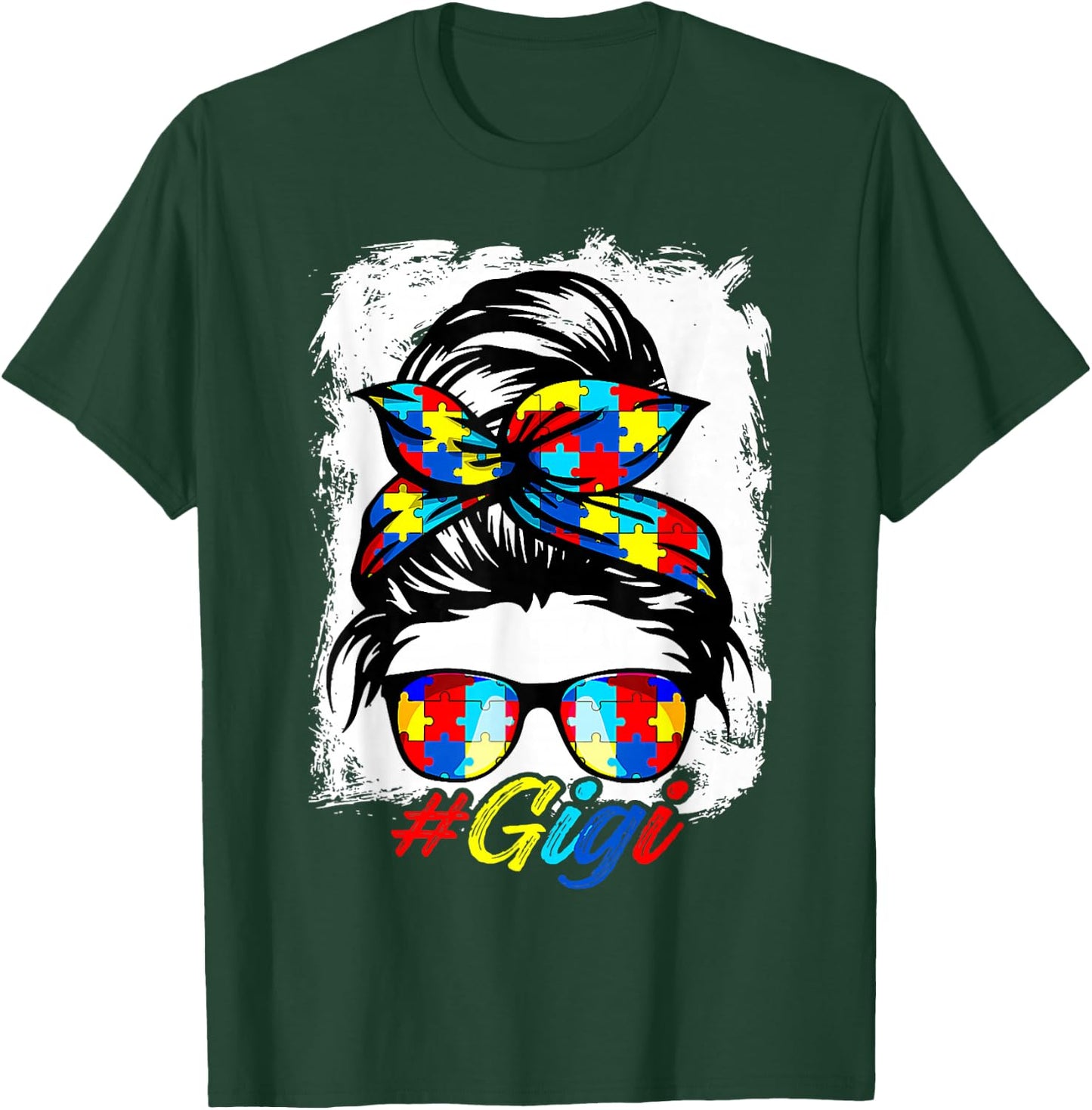 Messy Bun Bandana Gigi Ladies Girls Women Autism Awareness T-Shirt - T-Shirt | Forest