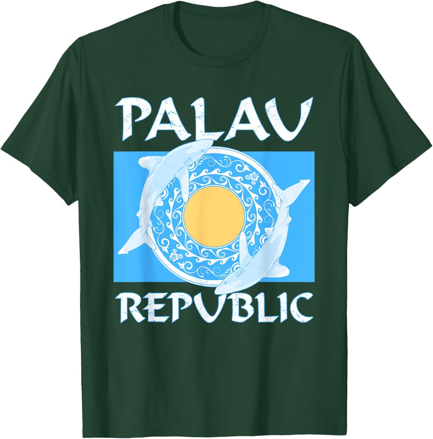 Oceanic Whitetip Sharks on Palauan Flag of Palau T-Shirt - T-Shirt | Forest