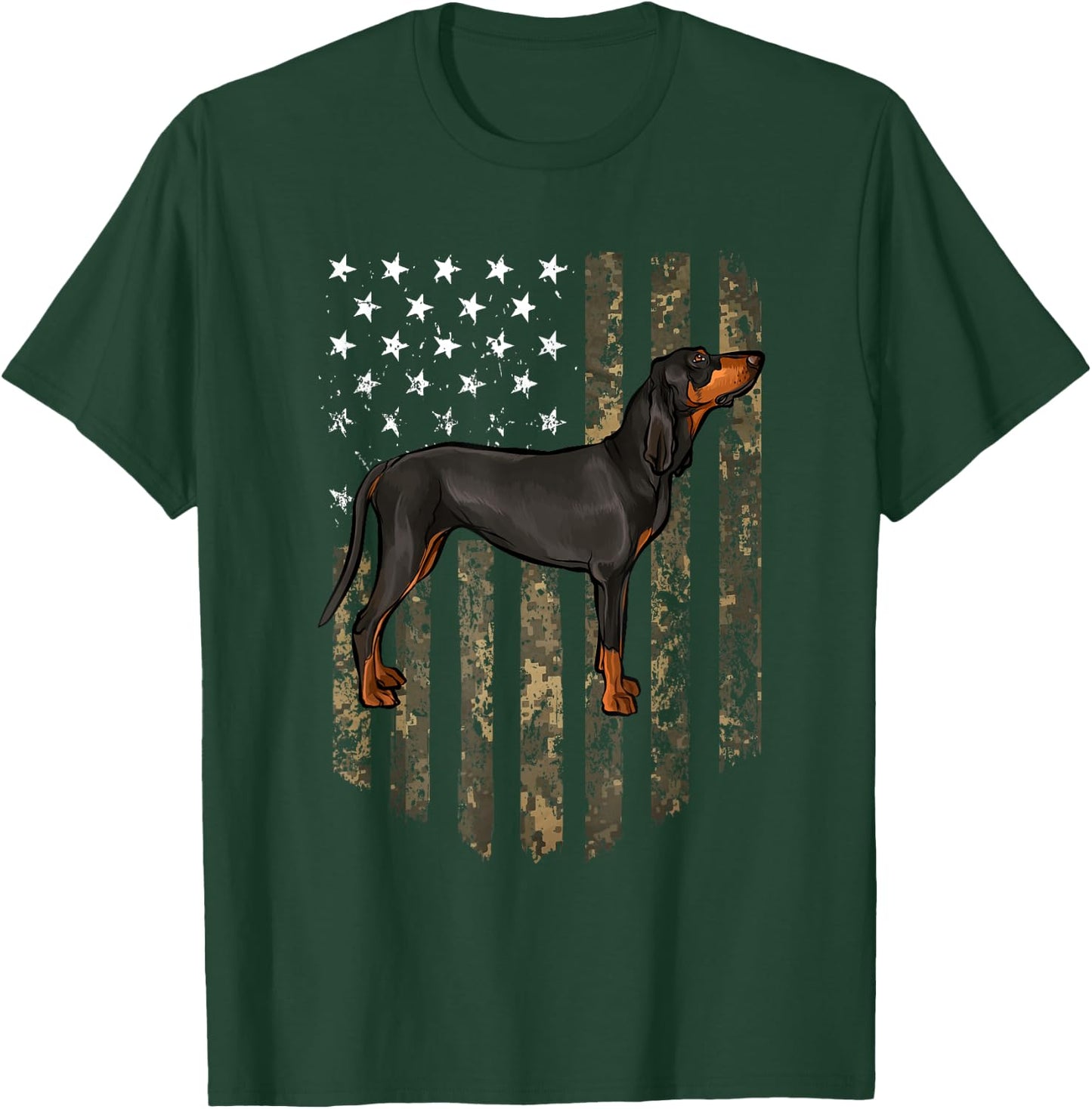 Camo American Flag Black and Tan Coonhound 4th Of July USA T-Shirt - T-Shirt | Forest