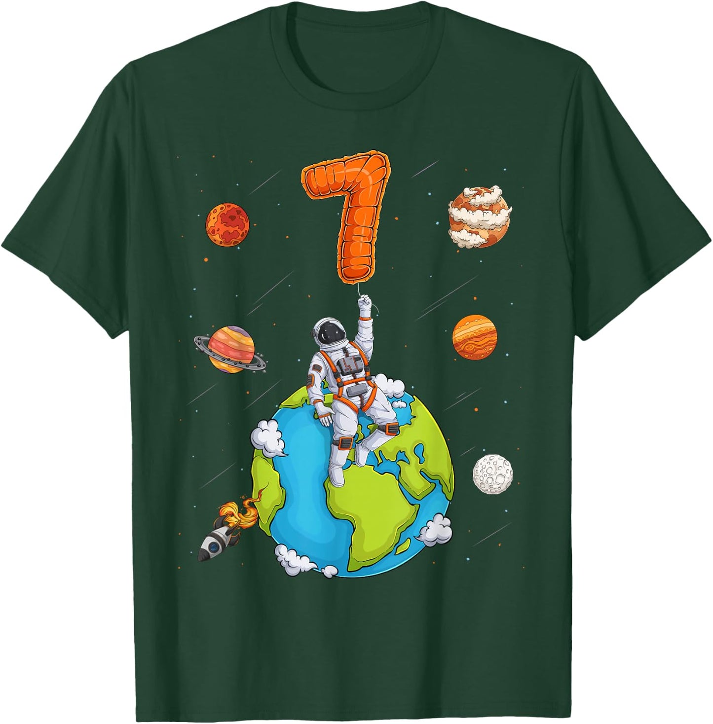 Astronaut Planets Space 7 Seven Years Old 7th Birthday Boys T-Shirt - T-Shirt | Forest