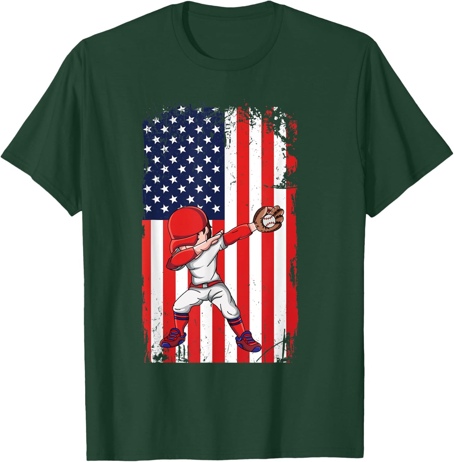 Baseballer Sports Athlete US Flag Dabbing Baseball Player T-Shirt - T-Shirt | Forest