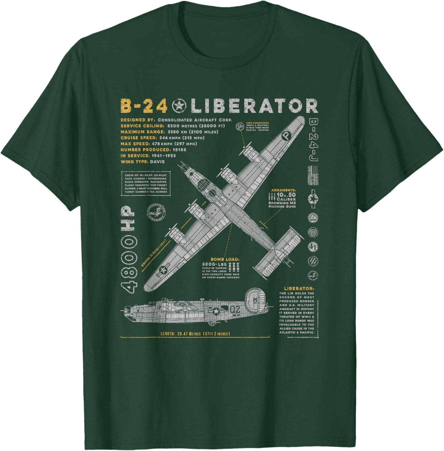 B-24 Liberator | Consolidated Aircraft B24 Bomber Vintage T-Shirt - T-Shirt | Forest