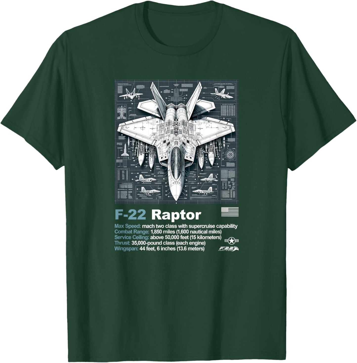 F-22 Raptor Blueprint Technical Schematic - Aviation Art T-Shirt - T-Shirt | Forest