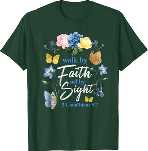 Christian Bible Verse Butterfly Flower 2 Corinthians 5:7 T-Shirt - T-Shirt | Forest