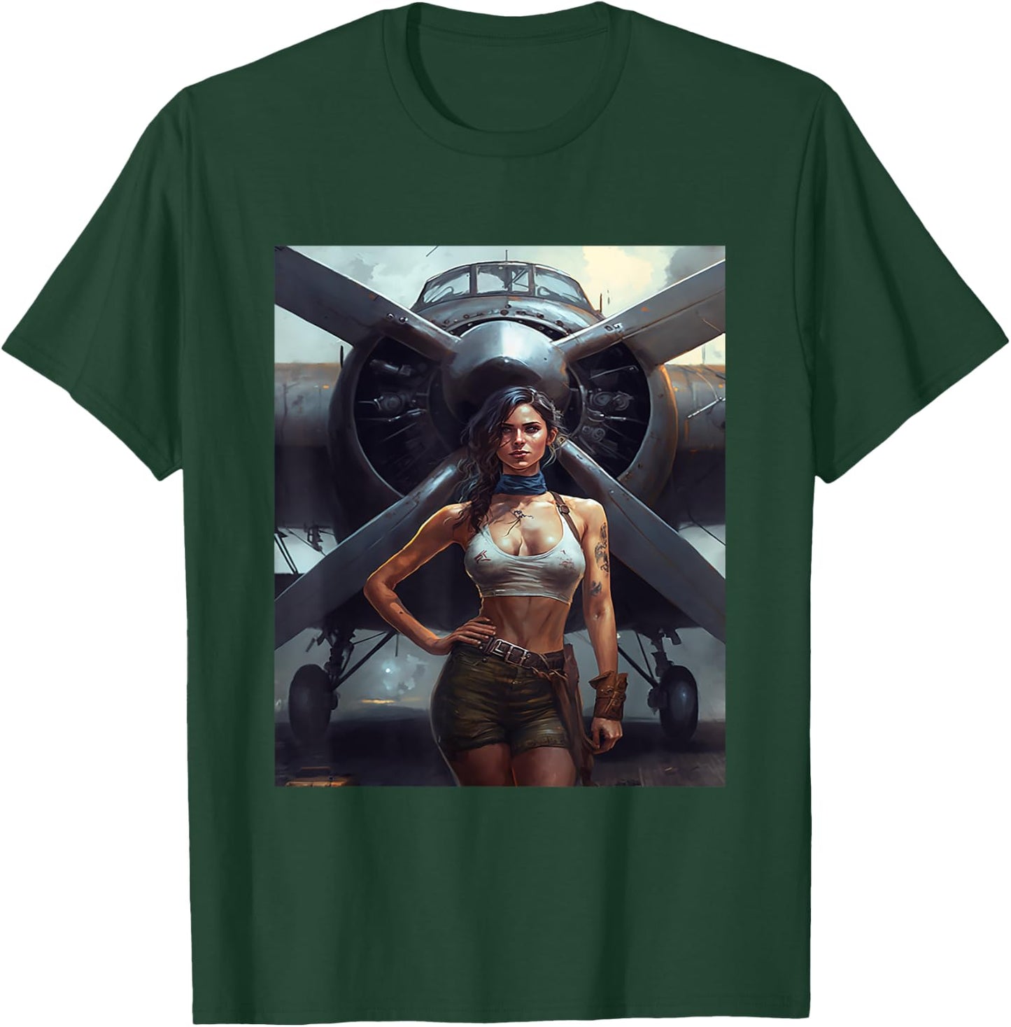 Strong Military Pinup Woman With Tattoos Airplane Retro Art T-Shirt - T-Shirt | Forest