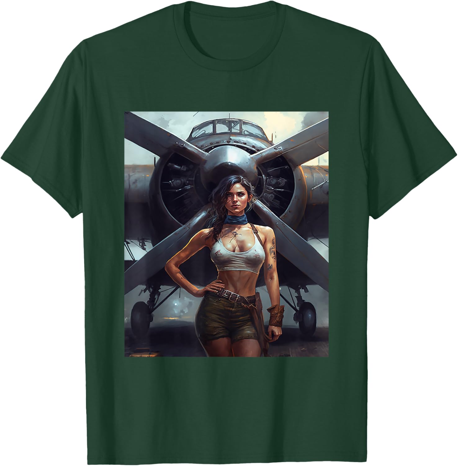 Strong Military Pinup Woman With Tattoos Airplane Retro Art T-Shirt - T-Shirt | Forest
