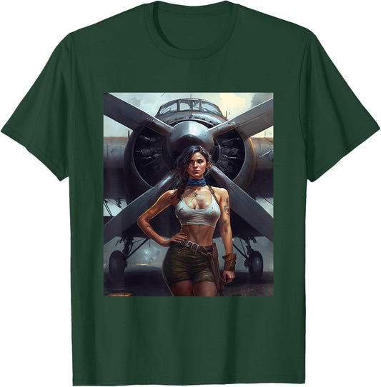Strong Military Pinup Woman With Tattoos Airplane Retro Art T-Shirt - T-Shirt | Forest