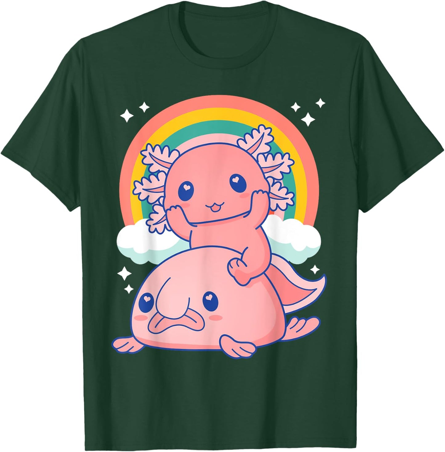 Cute Kawaii Pink Axolotl Riding a Blob Fish T-Shirt - T-Shirt | Forest
