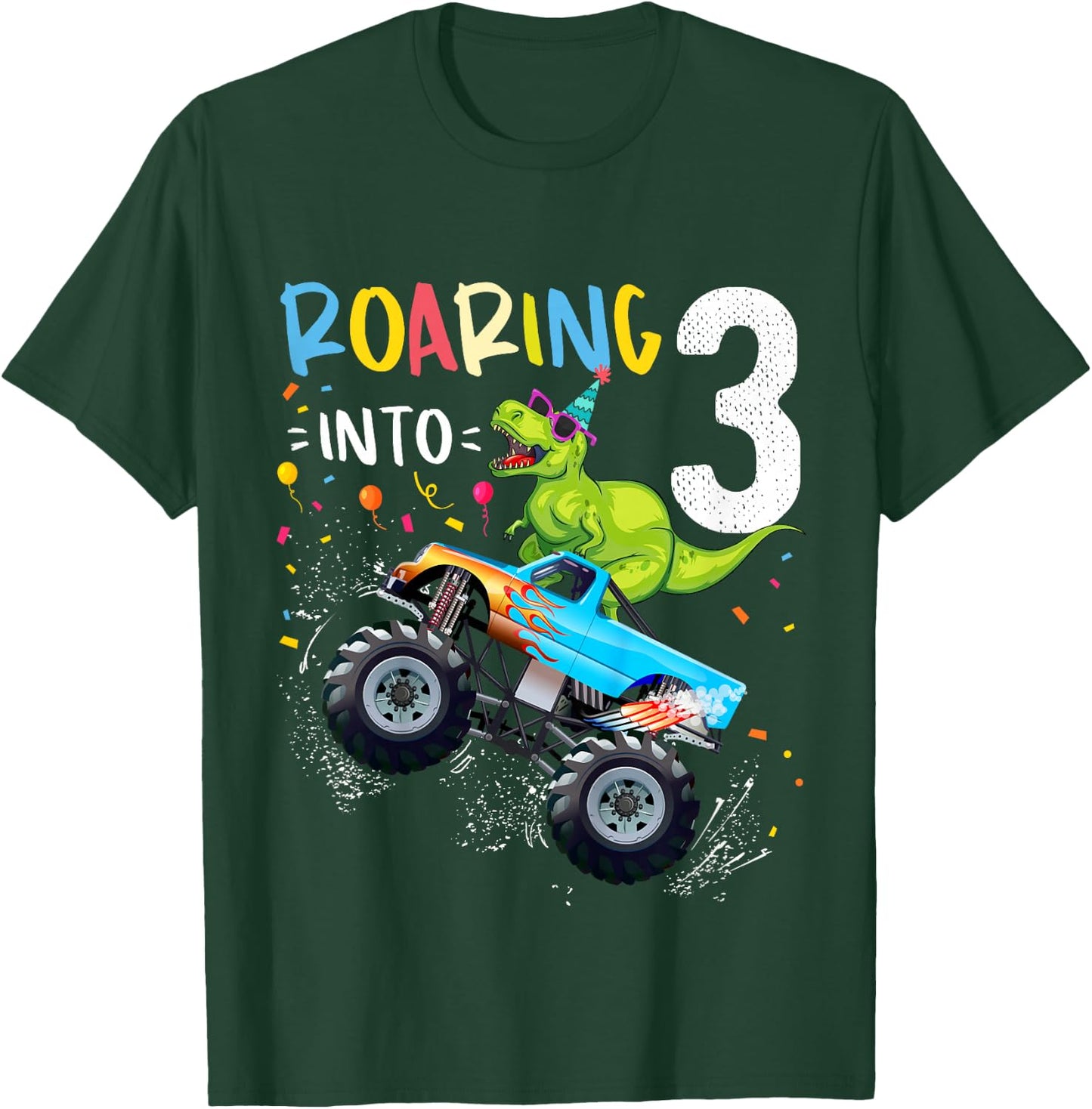 3rd Birthday T Rex Dinosaur Monster Truck Boys and Girls T-Shirt - T-Shirt | Forest