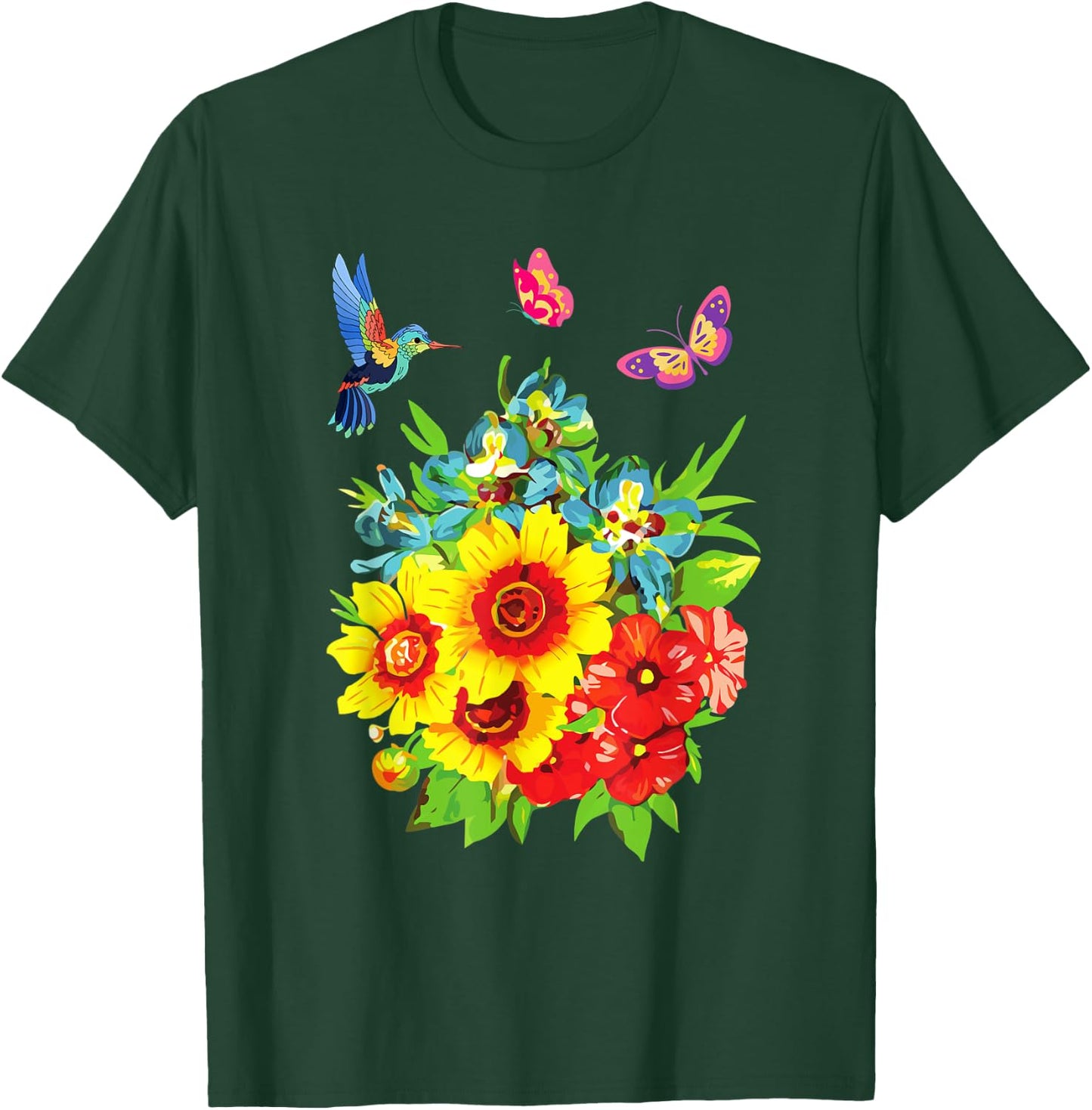 Hummingbird Flower Butterfly Design T-Shirt - T-Shirt | Forest