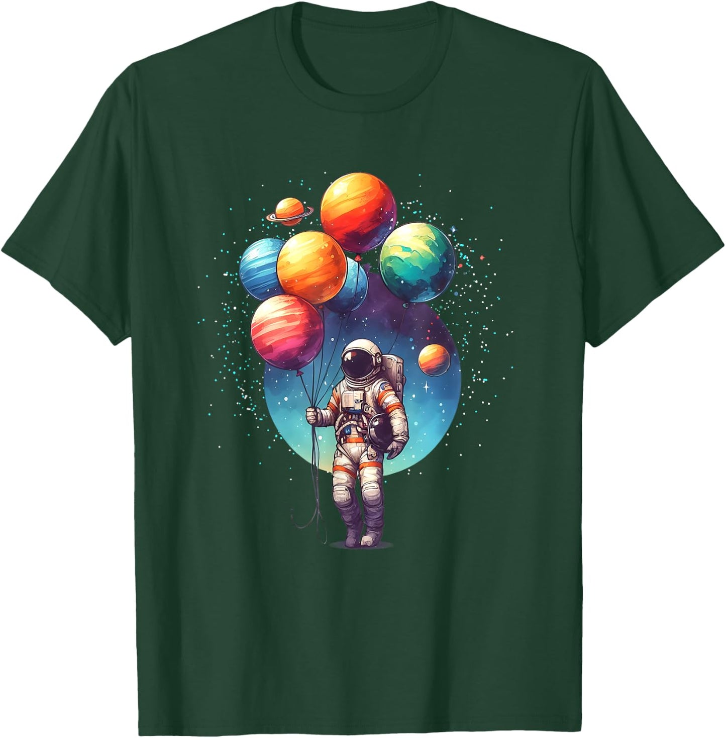 Astronaut Holding Planet Balloons Boy Girl Kids STEM T-Shirt - T-Shirt | Forest