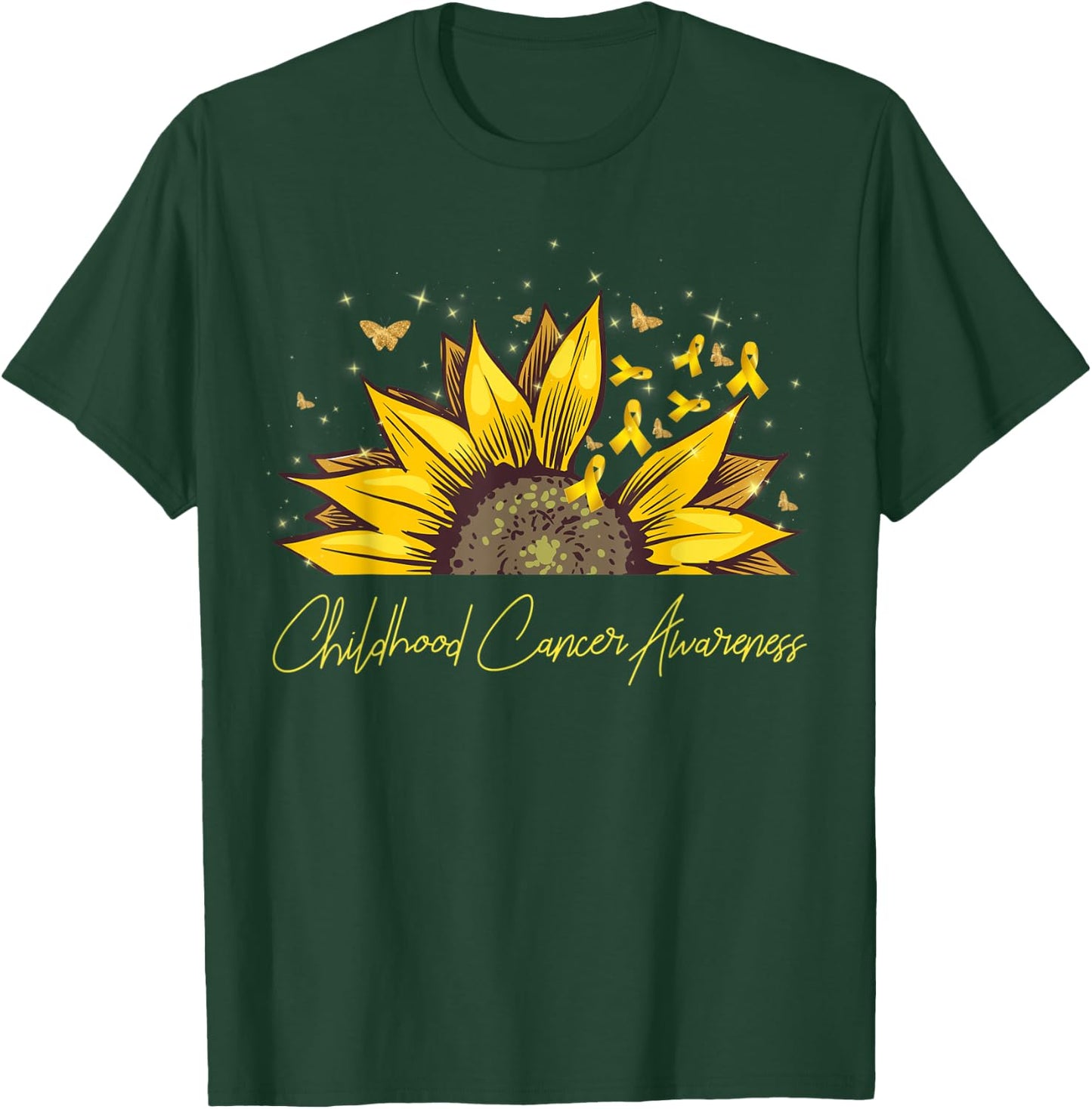 Gold Ribbon Sunflower Childhood Cancer Awareness Support T-Shirt - T-Shirt | Forest