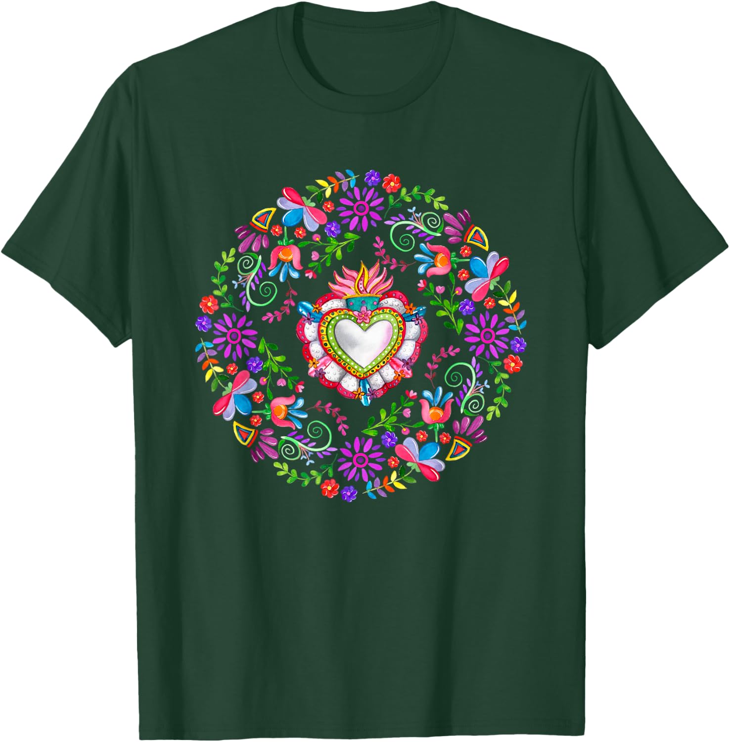 Colourful Floral Embroidery Heart Pattern Mexican Otomi T-Shirt - T-Shirt | Forest
