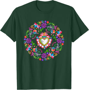 Colourful Floral Embroidery Heart Pattern Mexican Otomi T-Shirt - T-Shirt | Forest