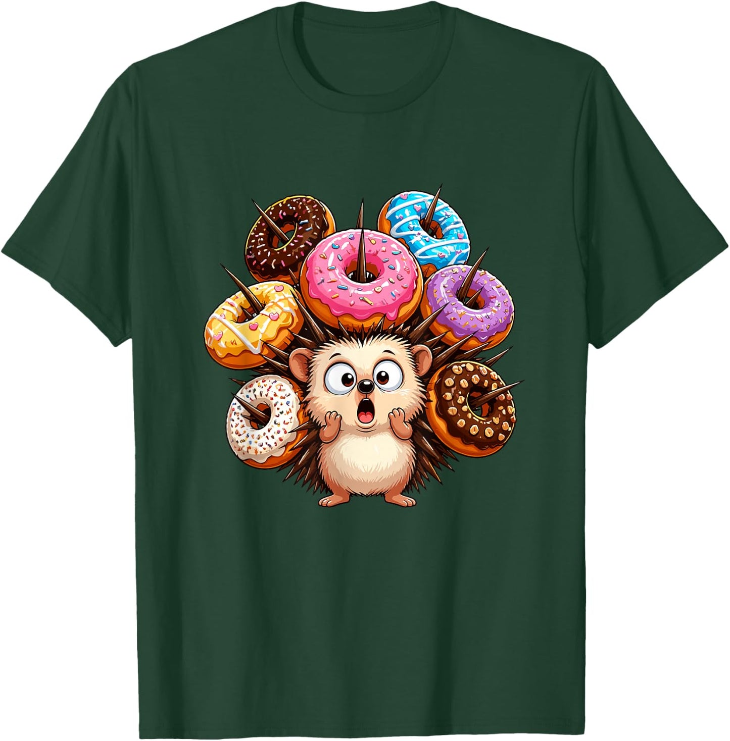 Adorable Hedgehog Surrounded By Colorful Donuts T-Shirt - T-Shirt | Forest