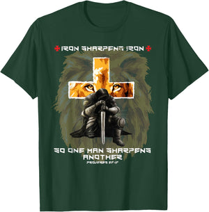 Iron Sharpens Iron Christian Scripture Crosses Lion Graphic T-Shirt - T-Shirt | Forest