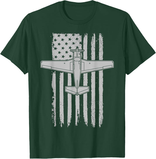 M20J Airplane Schematic Vintage American Flag Pilot T-Shirt - T-Shirt | Forest