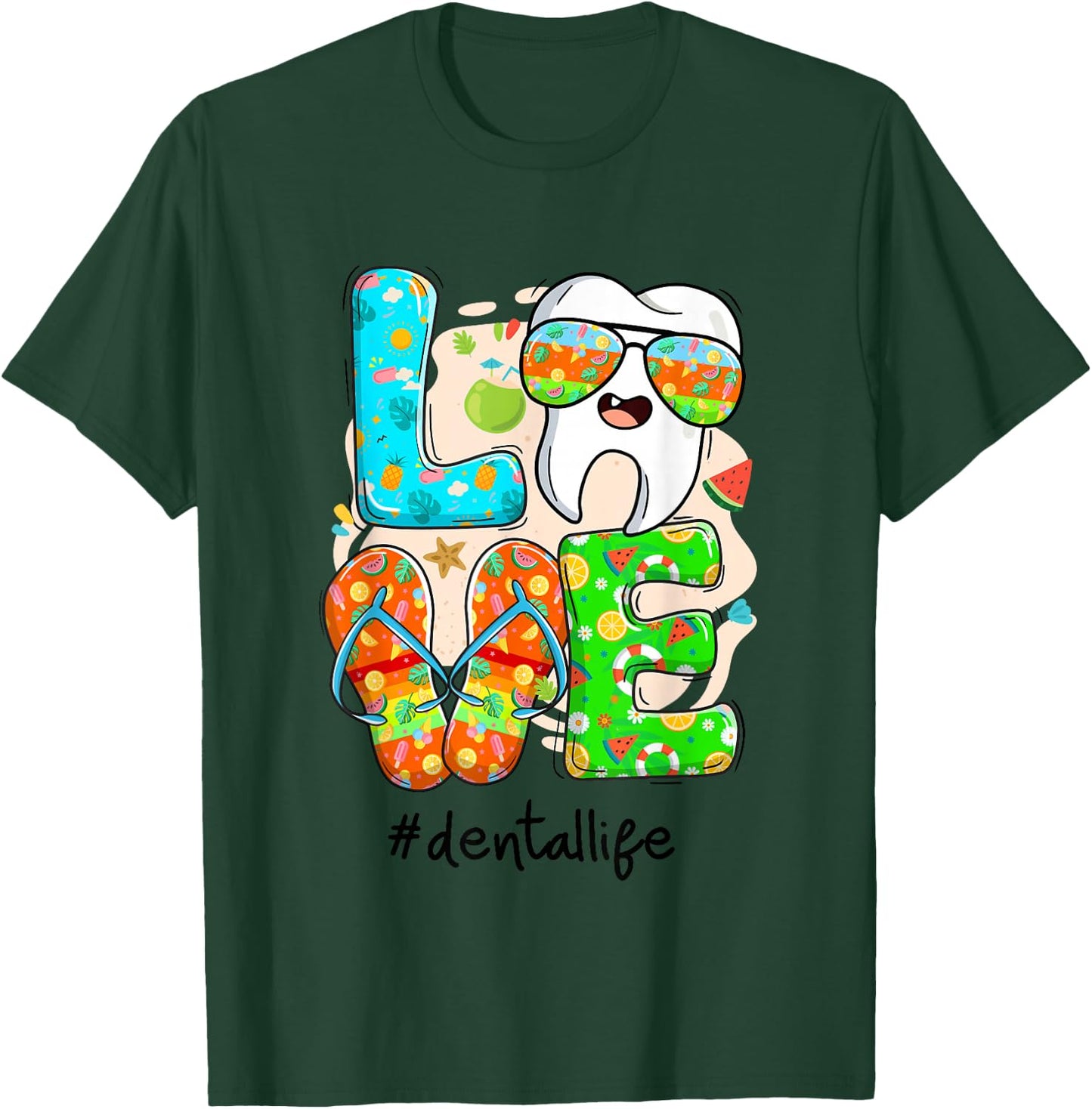 LOVE Dental Life Cute Tooth Flip Flops Summer Dentist Gifts T-Shirt - T-Shirt | Forest