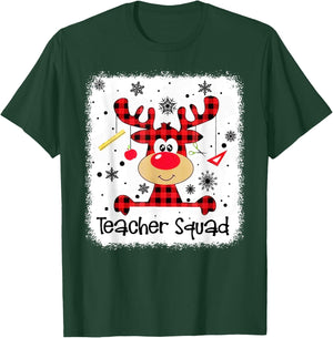 Teacher Squad Cute Red Plaid Reindeer Snow Lover Christmas T-Shirt - T-Shirt | Forest