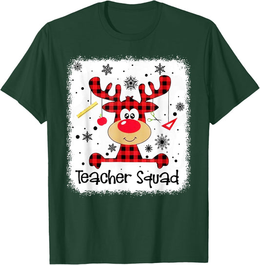 Teacher Squad Cute Red Plaid Reindeer Snow Lover Christmas T-Shirt - T-Shirt | Forest