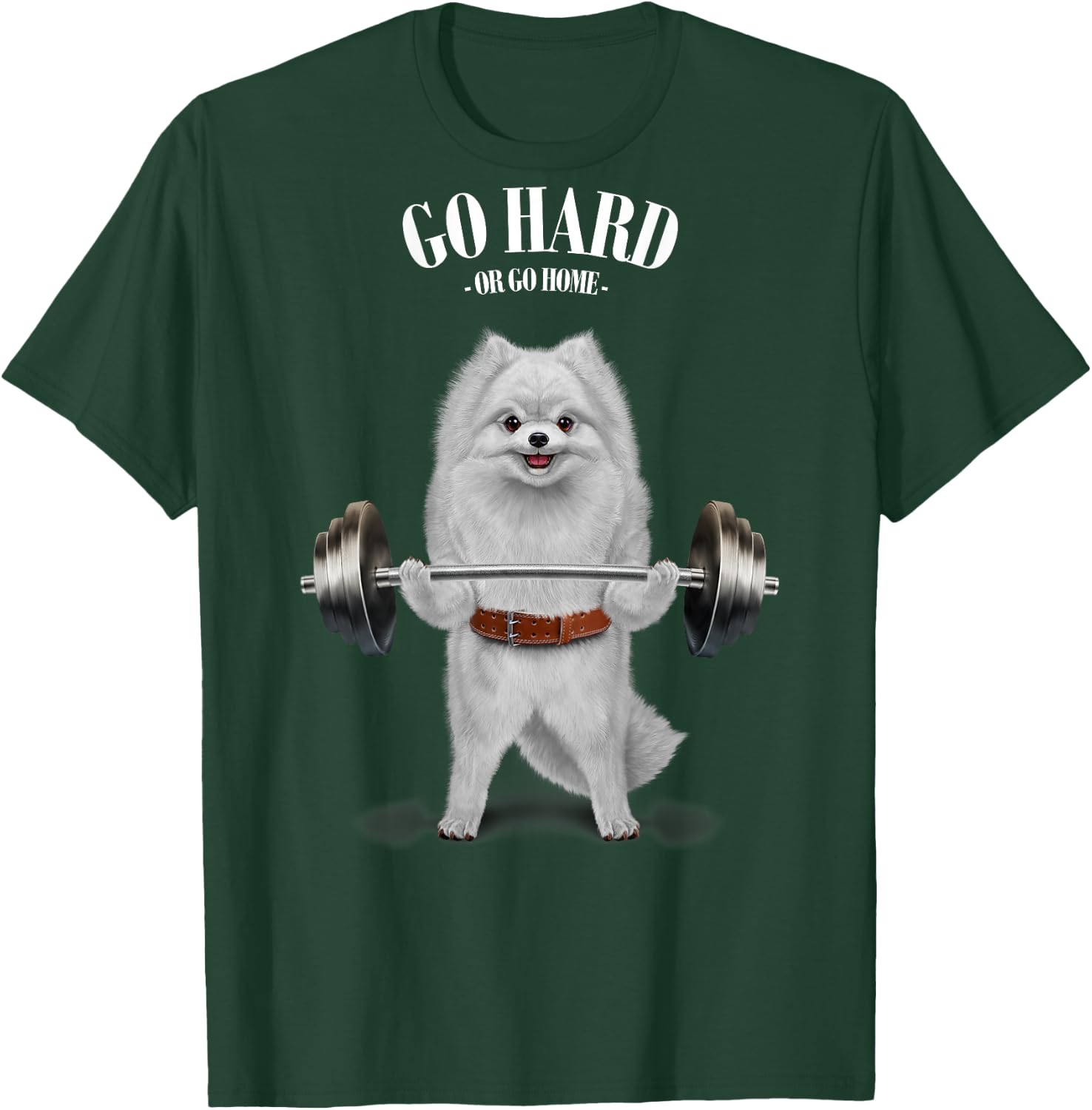 Fox Republic Design -Adults & Kids Black Cotton 100% Short Sleeve Small Classic Fit Modern Cartoon Dog White Pomeranian Dog Weightlifting in Fitness Gym T-Shirt - T-Shirt | Forest