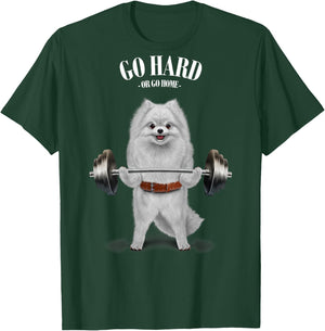 Fox Republic Design -Adults & Kids Black Cotton 100% Short Sleeve Small Classic Fit Modern Cartoon Dog White Pomeranian Dog Weightlifting in Fitness Gym T-Shirt - T-Shirt | Forest