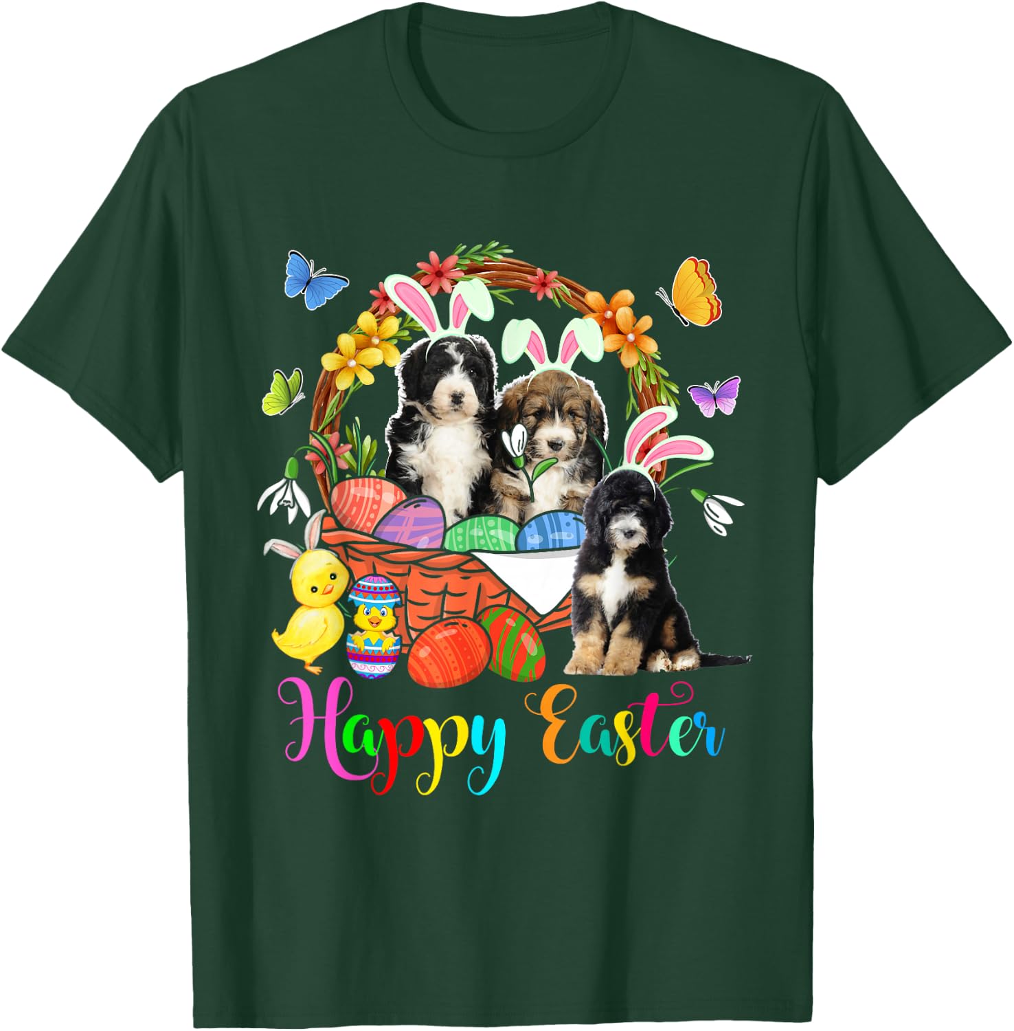 Three Bunny Bernedoodle Dogs In Easter Eggs Basket T-Shirt - T-Shirt | Forest