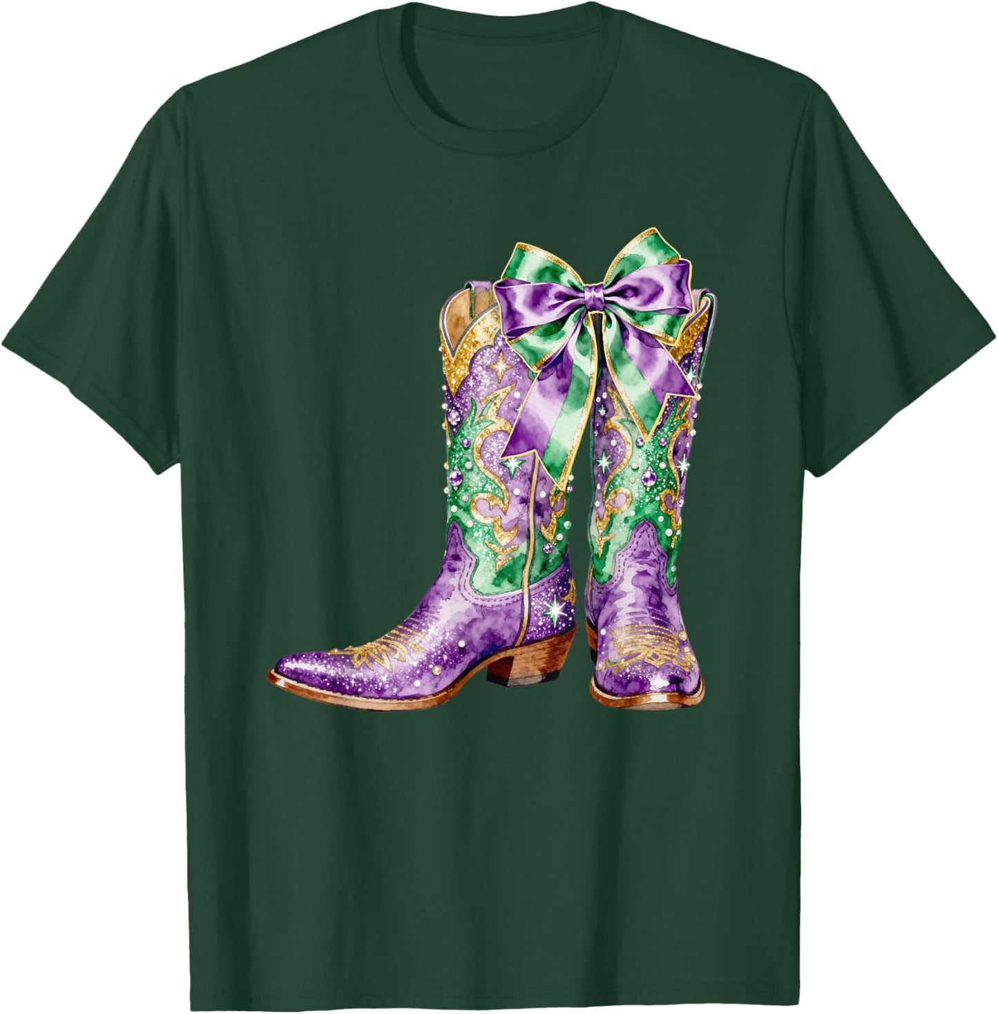 Mardi Gras Western Cowgirl Boots Coquette Bow Women Girls T-Shirt - T-Shirt | Forest
