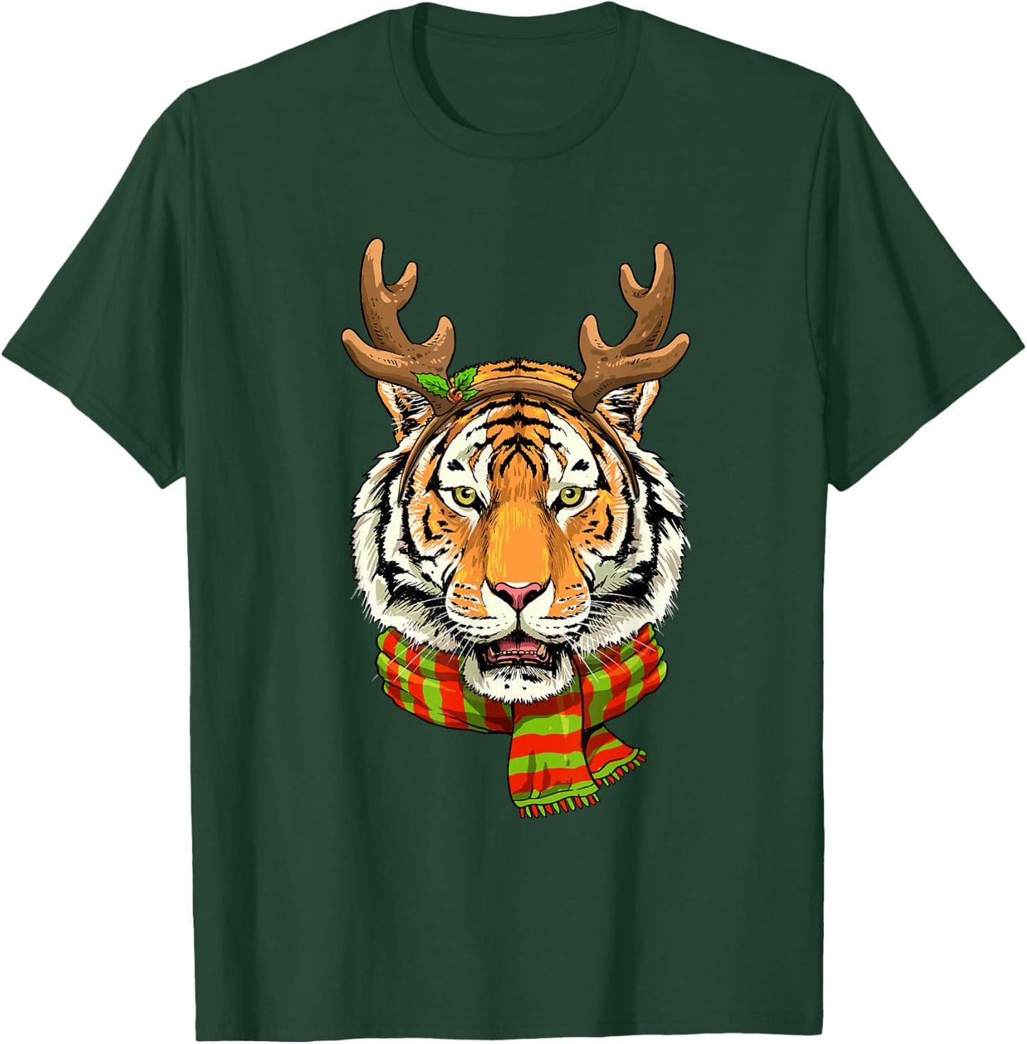 Tiger Reindeer Christmas Shirt Animal With Antlers Xmas T-Shirt - T-Shirt | Forest