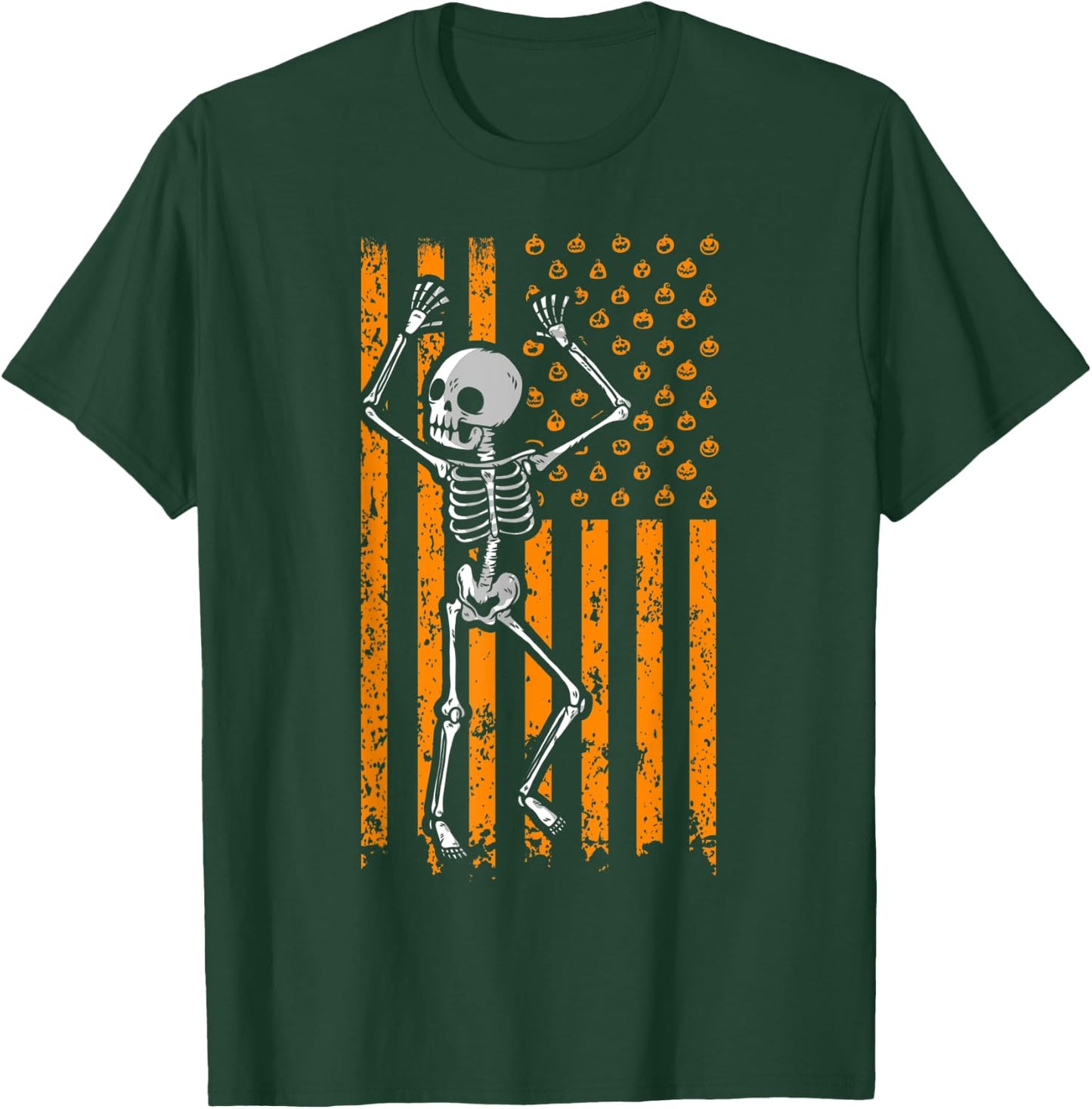 Scary Skeleton Skull Pumpkin American Flag Halloween Kids Men T-Shirt - T-Shirt | Forest