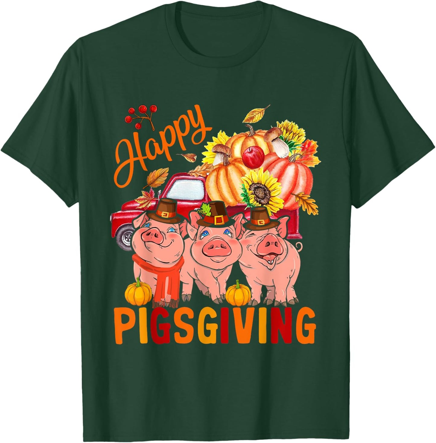Happy Pigsgiving Three Pigs Pickup Truck Carrying Pumpkins T-Shirt - T-Shirt | Forest