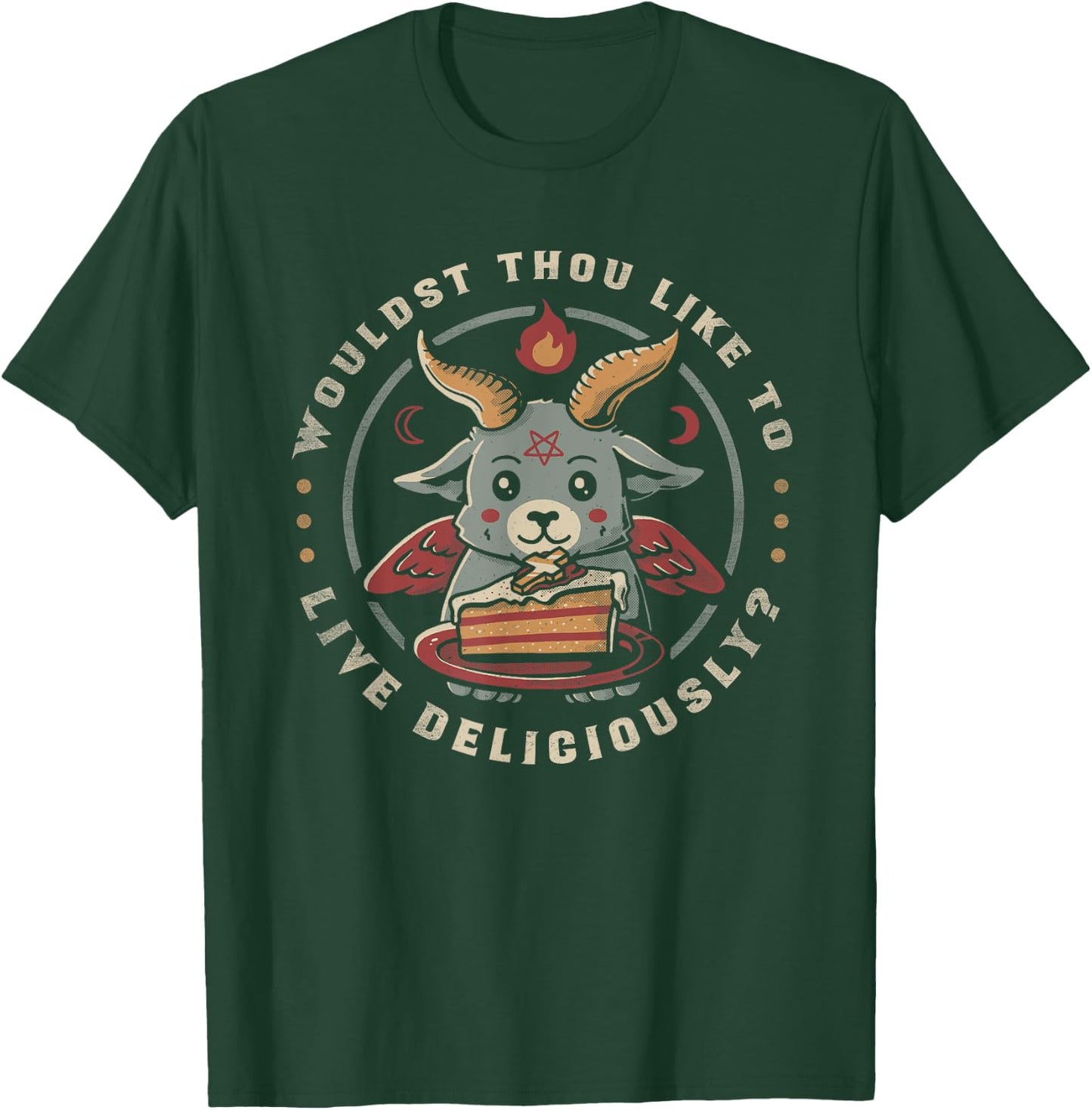 Live Deliciously Cute Goat Satan Devil Foodie Funny Baphomet T-Shirt - T-Shirt | Forest
