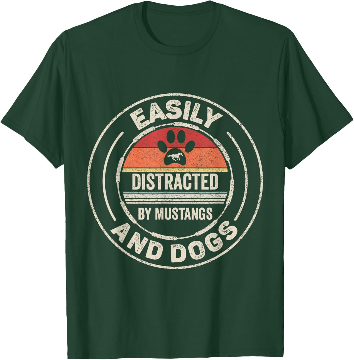 Catch Some Rays Retro Vintage Easily Distracted By Mustangs And Dogs Adult Black Short Sleeve Classic Fit Collarless T-Shirt - T-Shirt | Forest