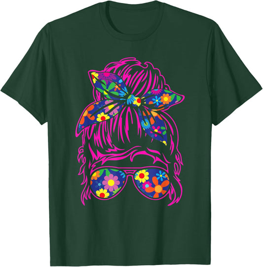 Messy Hair Bun with Bandana Ribbon and Sunglasses Design T-Shirt - T-Shirt | Forest