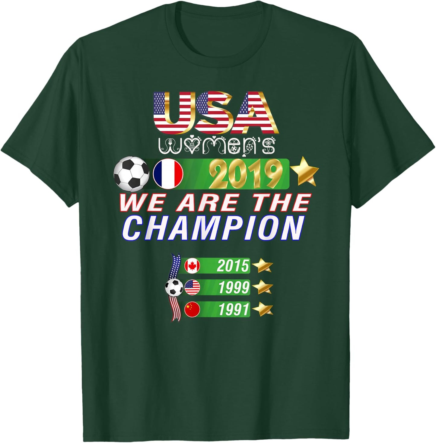 USA Women Soccer, World Champion 2019, 4 stars T-Shirt - T-Shirt | Forest