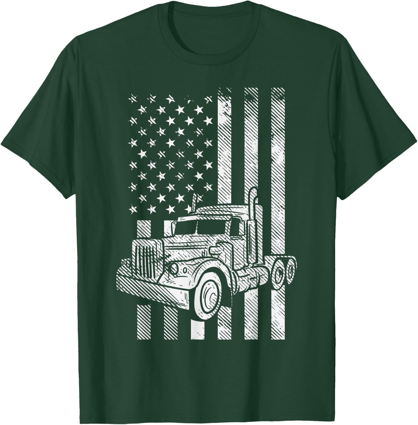 American Flag Semi Truck US Trucking Driver Trucker Gift T-Shirt - T-Shirt | Forest