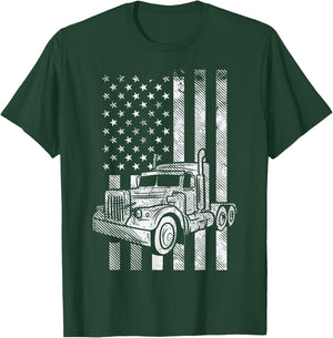 American Flag Semi Truck US Trucking Driver Trucker Gift T-Shirt - T-Shirt | Forest