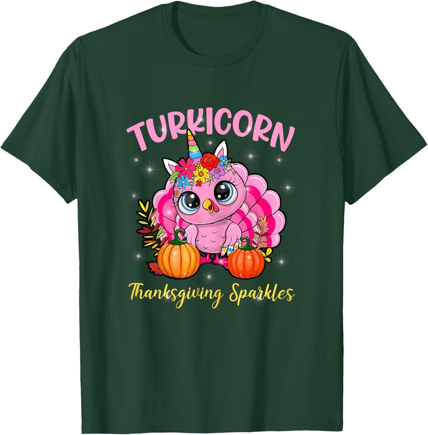 Cute Unicorn Turkey Sparkles Funny Thanksgiving Women Girl T-Shirt - T-Shirt | Forest