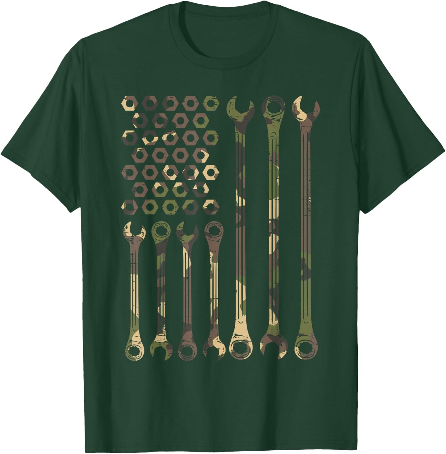 Camo Flag Wrench Vintage Fathers Day Patriotic Mechanic Men T-Shirt - T-Shirt | Forest