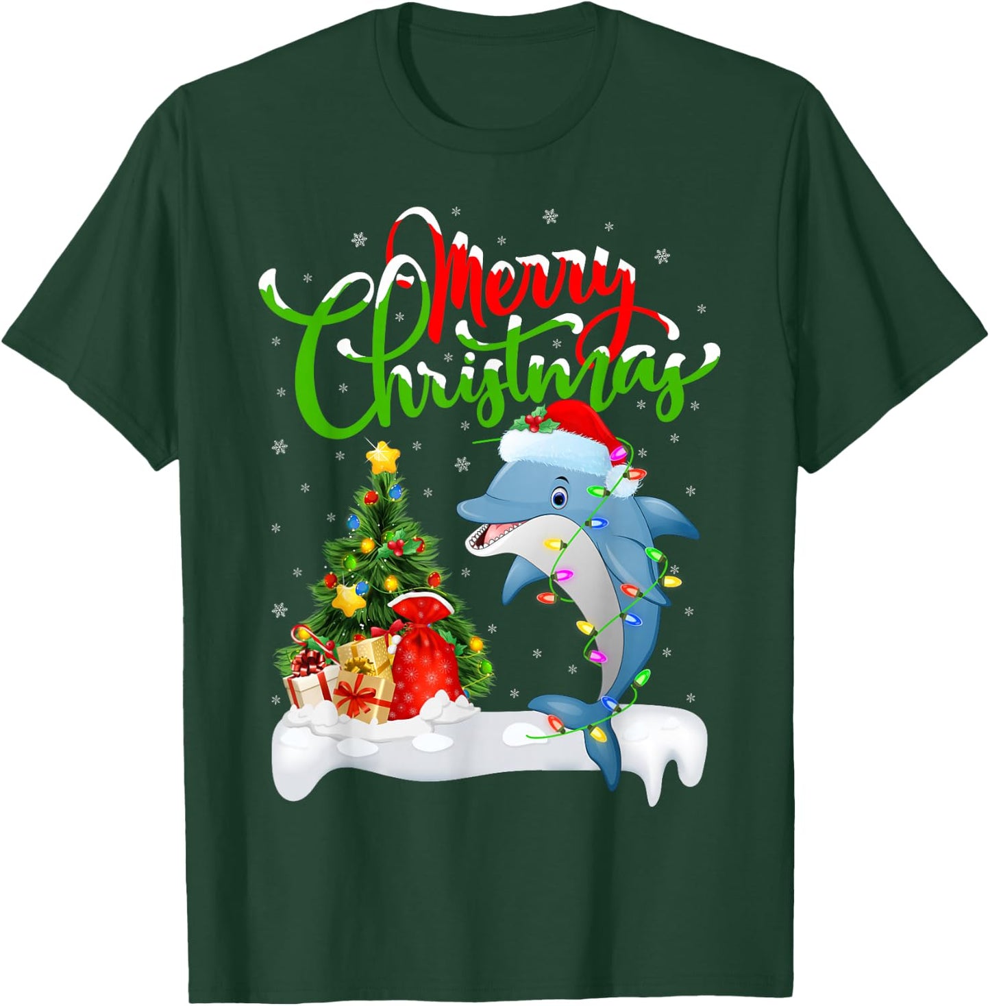 Funny Dolphin Fish Lover Xmas Lighting Dolphin Christmas T-Shirt - T-Shirt | Forest
