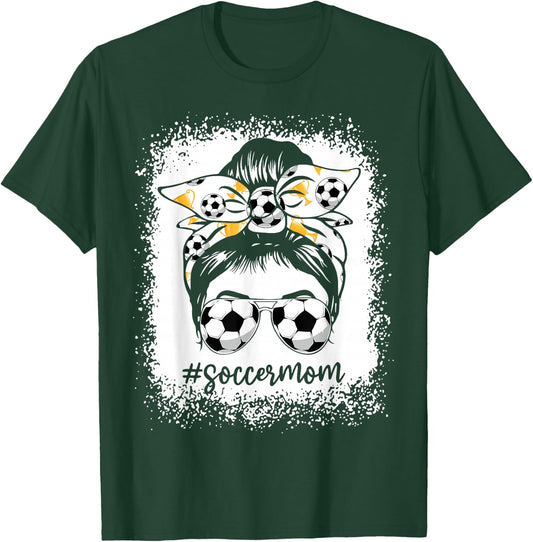 Women Bleached Soccer Mom Messy Bun Soccer Lover T-Shirt - T-Shirt | Forest