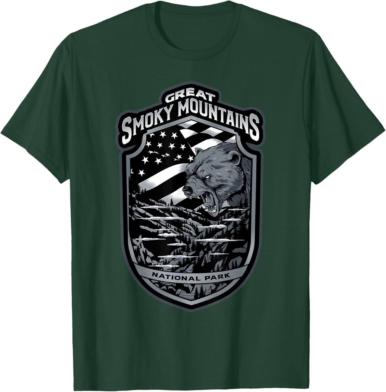 Great Smoky Mountains Vacation Souvenirs Gifts Bear USA Flag T-Shirt - T-Shirt | Forest