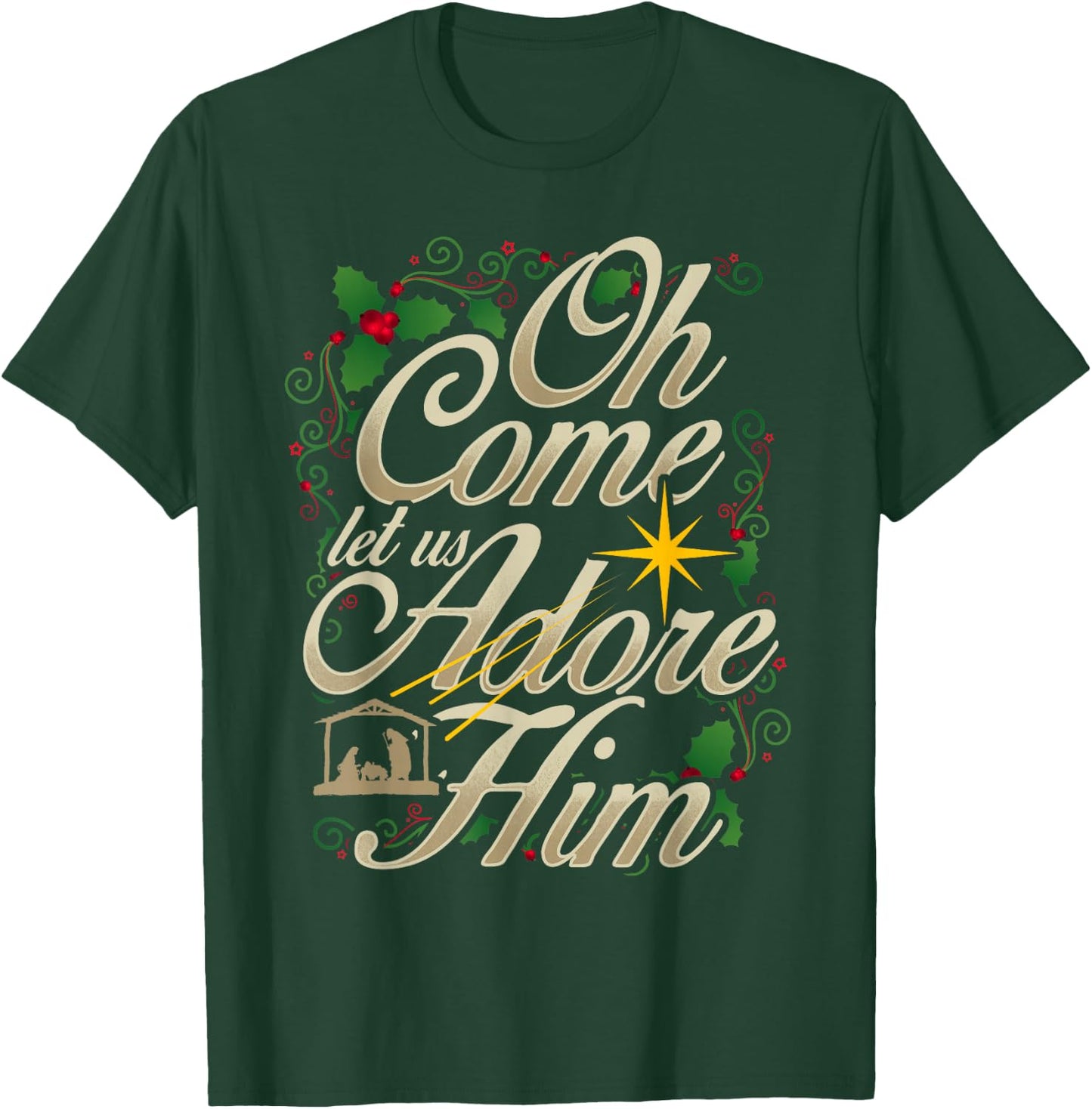 Oh come let us worship him Christmas nativity scene Christmas T-Shirt - T-Shirt | Forest