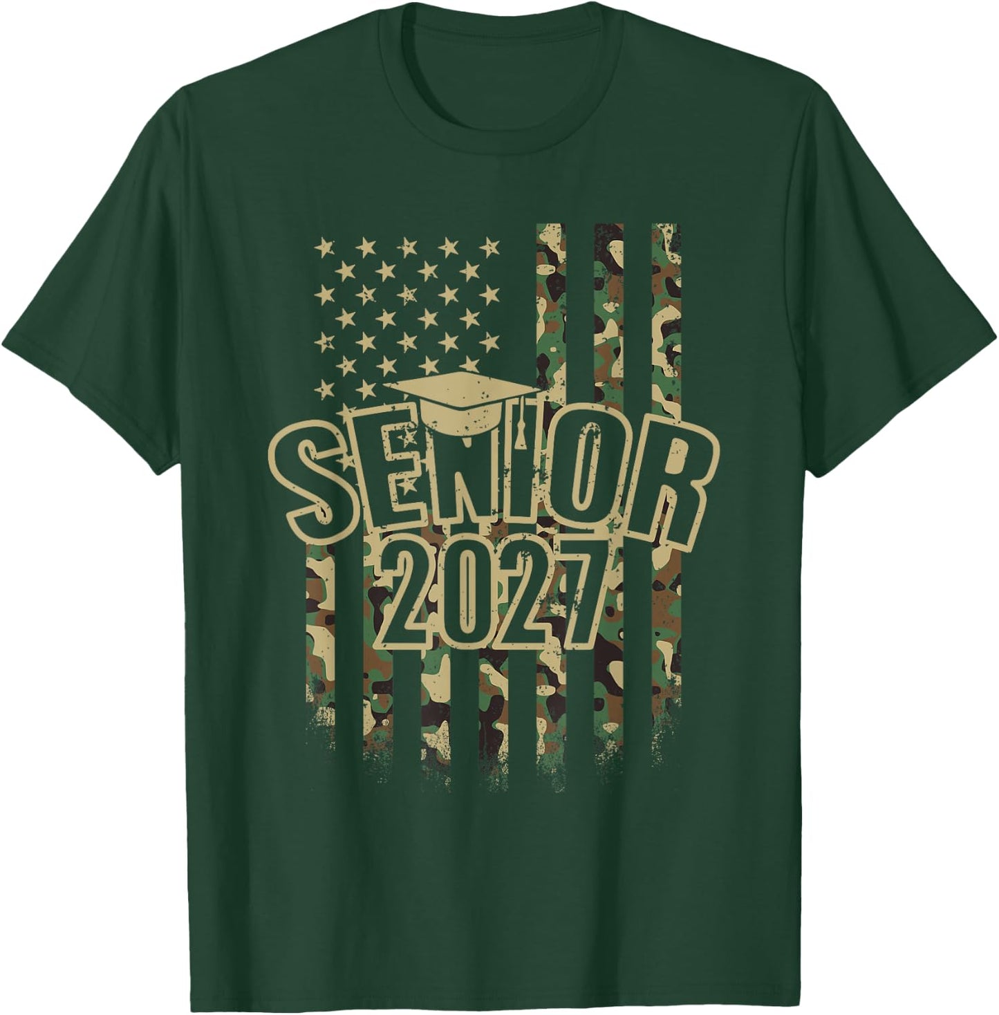 Camo Senior 2027 American Flag Camouflage Graduation Grad T-Shirt - T-Shirt | Forest