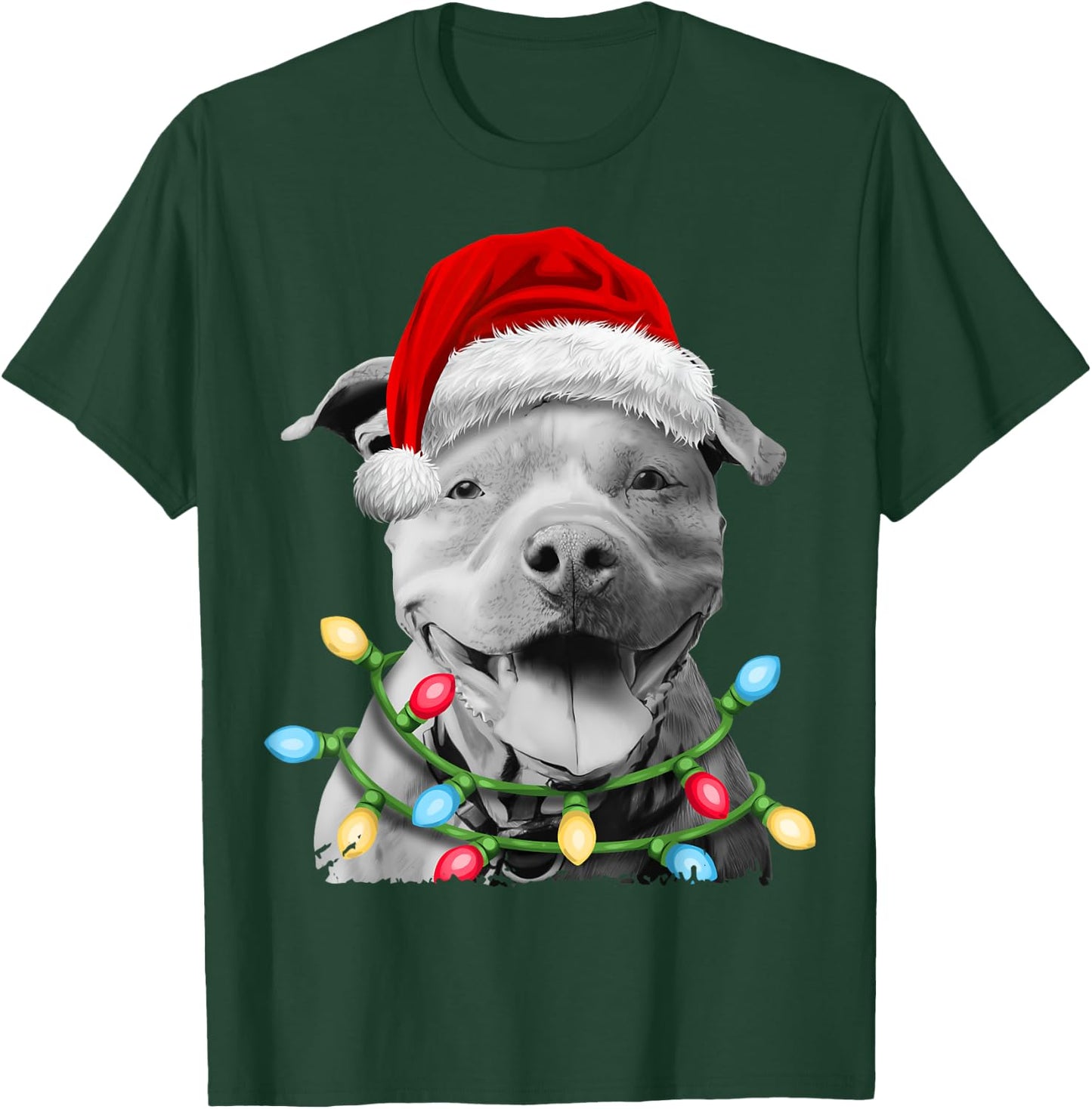Pit Bull Santa Christmas Tree Lights Xmas Boys Dog Dogmas T-Shirt - T-Shirt | Forest