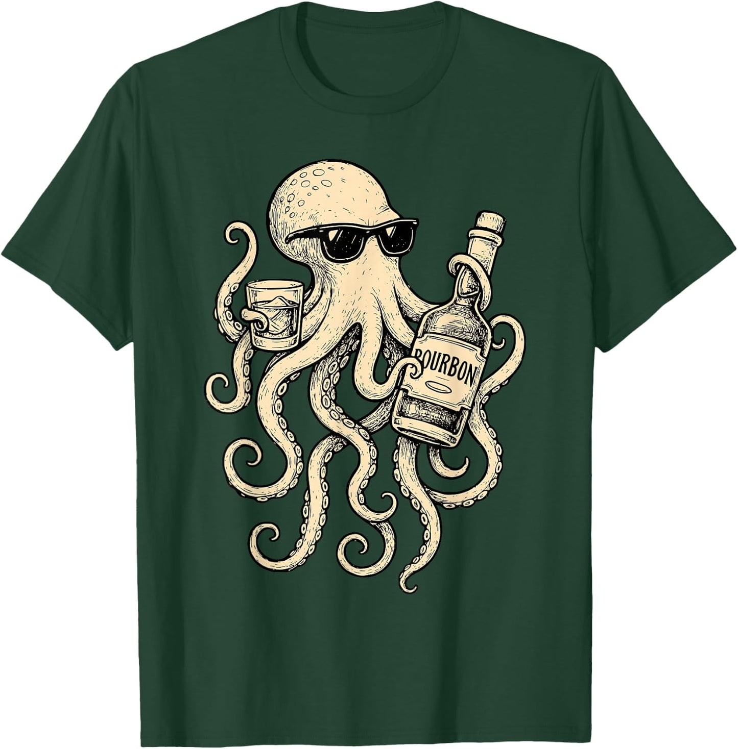 Vintage Octopus Drinking Bourbon Whiskey Bartending Drinker T-Shirt - T-Shirt | Forest