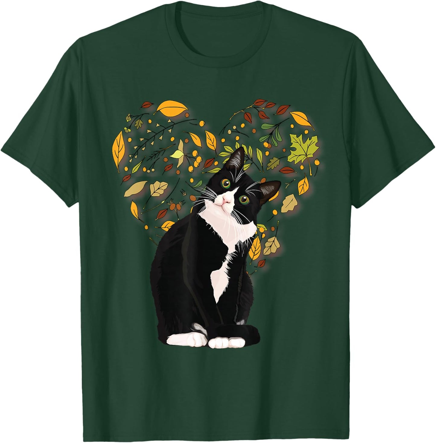 Tuxedo Cat t Shirt Gift Autumn Fall Leaves Black and White T-Shirt - T-Shirt | Forest