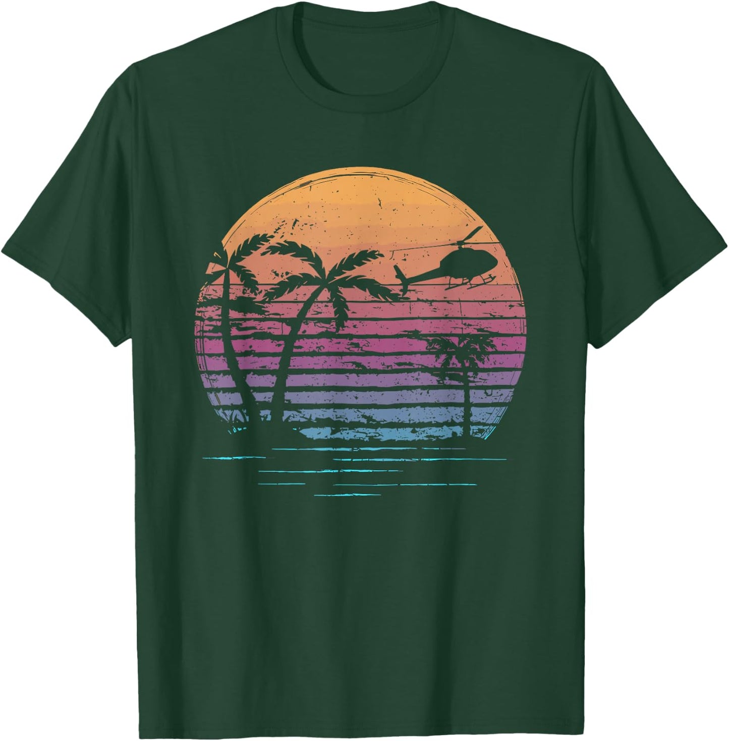 Aviator Helicopter Pilot Vintage Retro Palm Tree Sunset T-Shirt - T-Shirt | Forest
